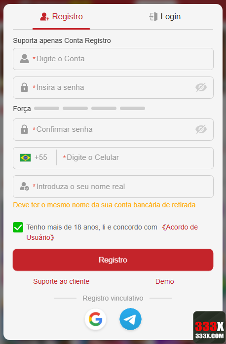 333x.com Passo a Passo Cadastro